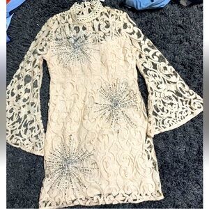 FREE PEOPLE NORTH STAR SEQUIN DETAIL SHEER LACE MINI DRESS IVORY - SIZE 4 - NWT